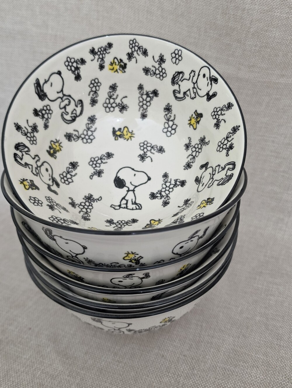 Peanuts White Ceramic Bowl Set with Black and Yellow Accents Set of 6